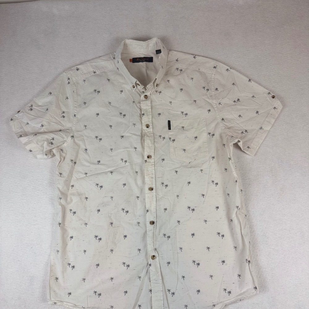 Ben Sherman Mens XL Cream Palm Tree Print Short Sleeve Button Down Shirt Slub